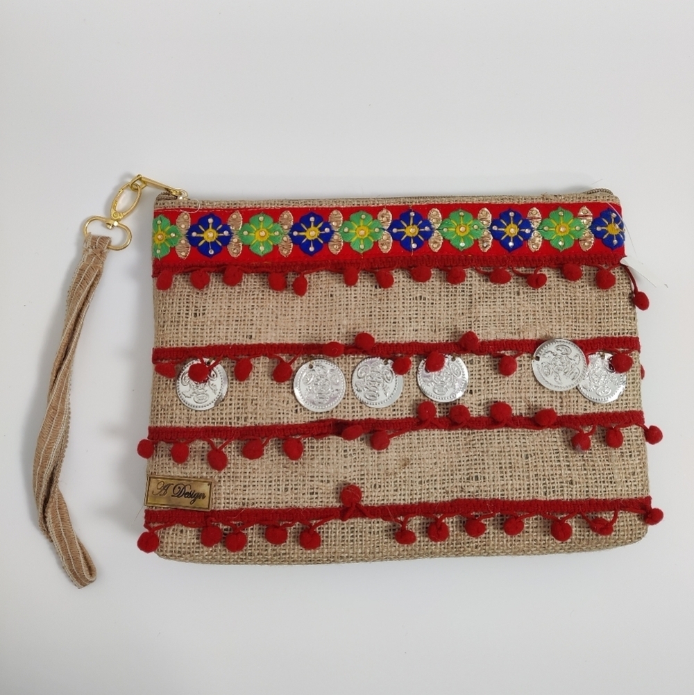 Boho Chic Burlap Clutch with Colorful Embroidery and Coin Accents